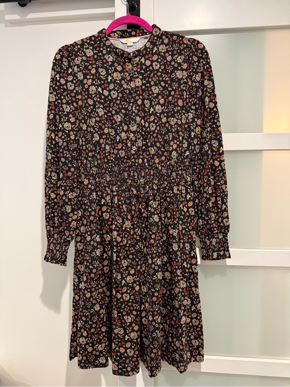 Boden Black Floral Smocked-Waist Long Sleeve Dress